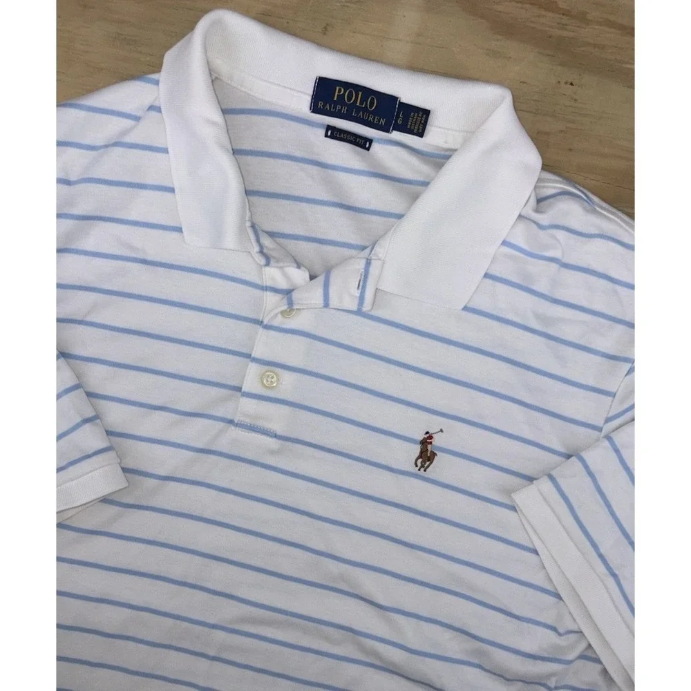 Polo Ralph Lauren Polo Shirt White Blue Striped Large Flesh Pony Classic Fit